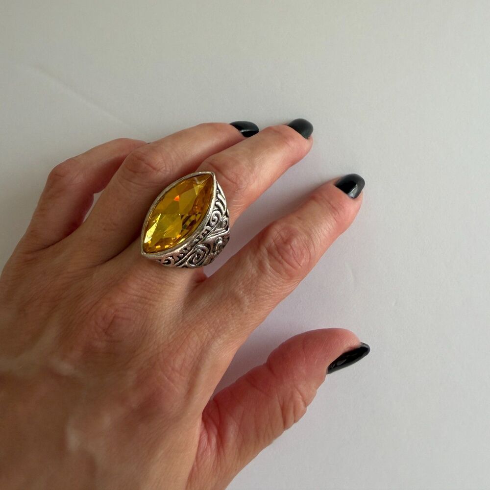 Gold Amber Crystal Statement Ring Silver Tone Luxury Vintage Style Size 9 Unisex